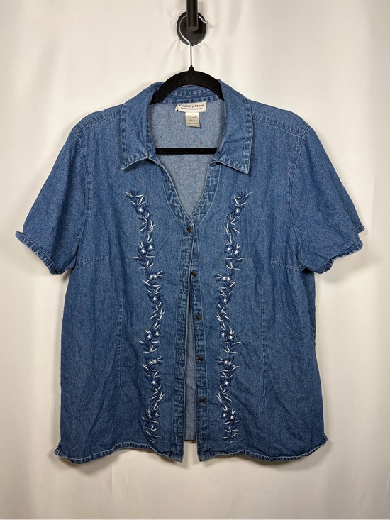 Country Store Tops - Country Store Floral Embroidered Blue Denim Short Sleeve Full Button Down Top XL